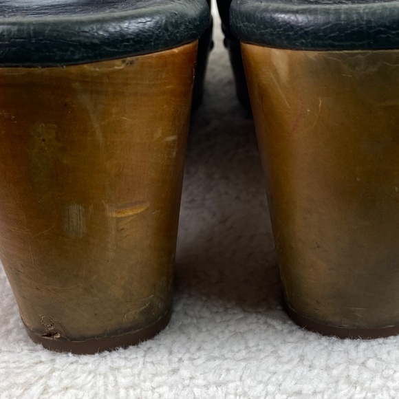 UGG Abbie Sz 9 Wooden Platform Clogs Mules Shoes Black Leather Fur Lined Studded - Picture 8 of 12